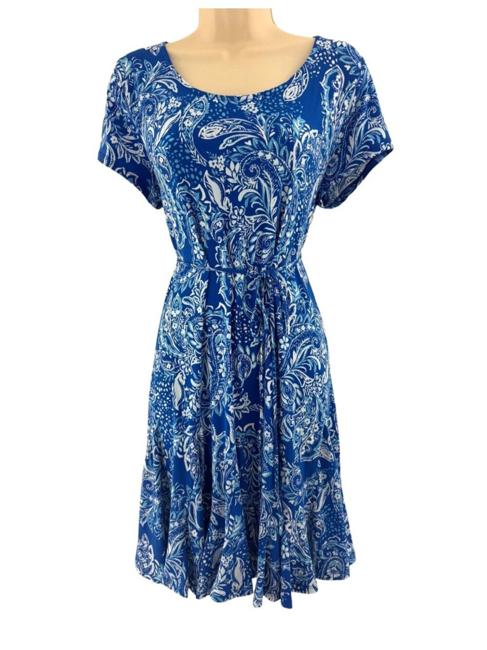 MSK Blue Paisley Print Short Sleeve Dress w/Tie Size L Summer Short Sleeve‎